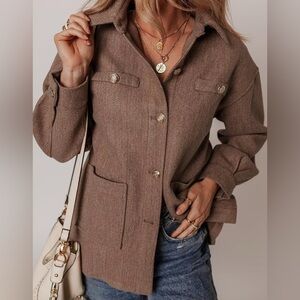 Dokotoo Womens Casual Jackets Long Sleeve Shacket Camel Color Button Down